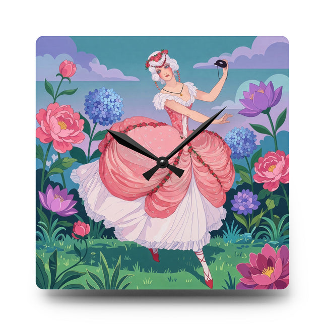 🌸🎭 The Rose Garden Masquerade Acrylic Wall Clock – Art Deco Floral Elegance