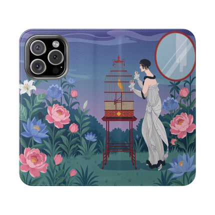 🐦🌸 The Lady And The Golden Bird Flip Case – Art Deco Floral Reverie