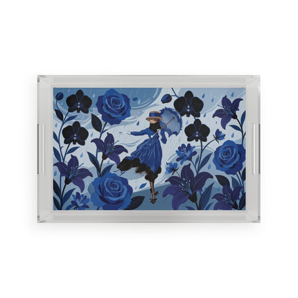 ☔💙 The Blue Rain Promenade Acrylic Serving Tray – Art Deco Floral Fashion