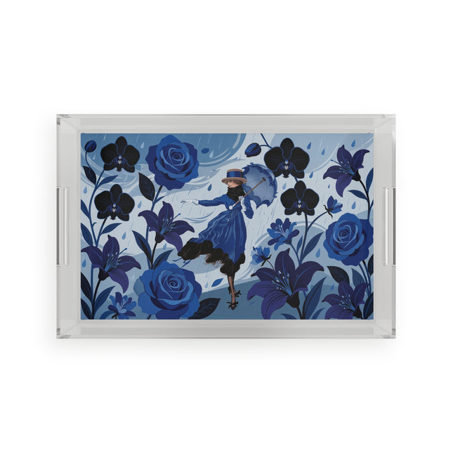 ☔💙 The Blue Rain Promenade Acrylic Serving Tray – Art Deco Floral Fashion
