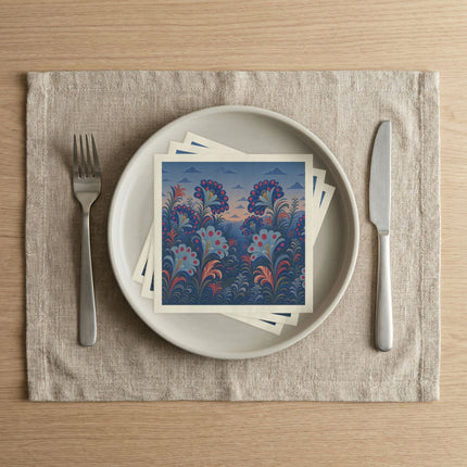 🌸🌄 The Twilight Peacock Blossom Garden Napkins – Art Deco Floral Elegance