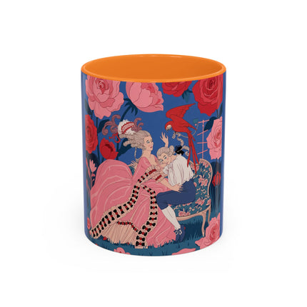 The Lady And The Scarlet Macaw Colorful Mugs – Art Deco Floral Elegance