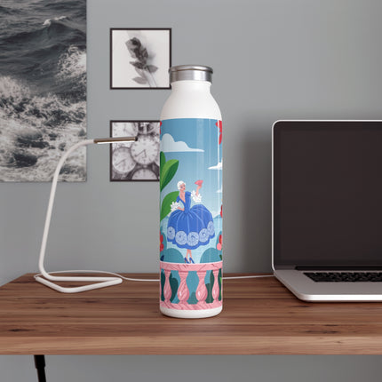 🌺🪭 The Lady Of The Grand Garden Terrace Slim Water Bottle – Art Deco Floral Elegance