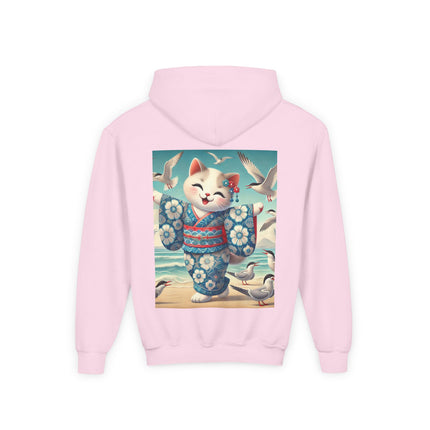 Geisha Kitten by the Seaside Youth Hooded Sweatshirt – Coastal Charm & Playful Style