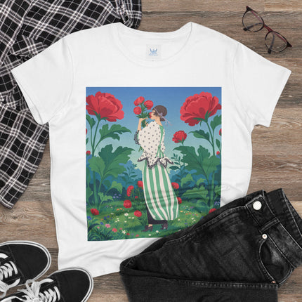 🌹🌿 The Scarlet Rose Garden Cotton Tee – Art Deco Floral Whimsy