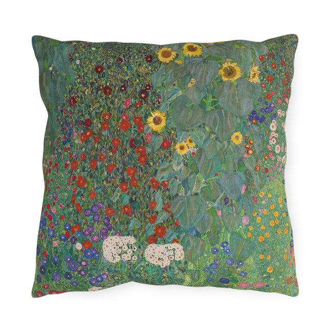 Farm Garden with Sunflowers by Gustav Klimt Outdoor Pillows