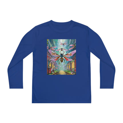 Neon Swarm Youth Long Sleeve Competitor Tee – Cyberpunk Flight & Futuristic Energy