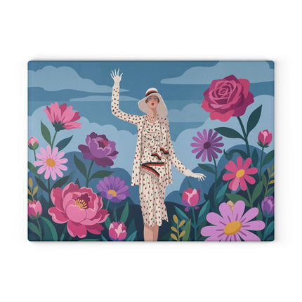 🌹☁️ The Lady Of The Rose Garden Glass Cutting Board – Art Deco Floral Fashion Elegance