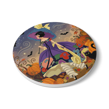🌙🎃 The Moonlit Garden Walk Ceramic Coaster – Elegant Halloween Charm