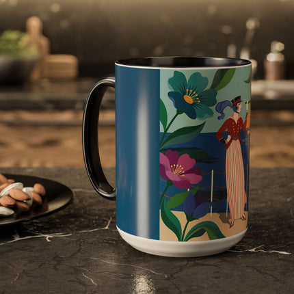 The Lady Of The Golden Horizon Colorful Mugs – Art Deco Coastal Elegance