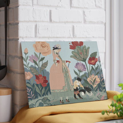 🌸🐈 The Lady And Puss In Boots Glass Cutting Board – Art Deco Floral Fashion Fantasy