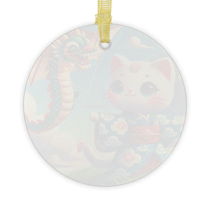 Geisha Kitten and the Dragon Kite Glass Ornament
