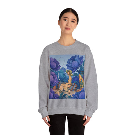 💙🌸 The Lady Among The Blue Blossoms Crewneck Sweatshirt – Art Deco Floral Reverie