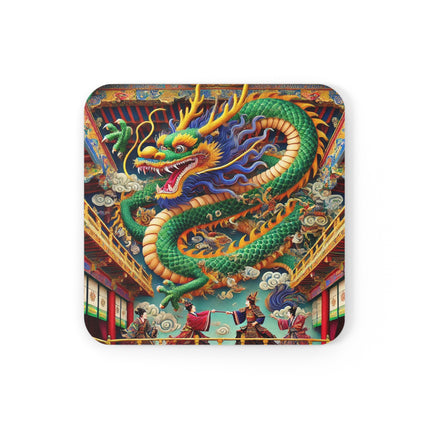 Tibetan Dragon Over Kabuki Duel Cork Back Coaster