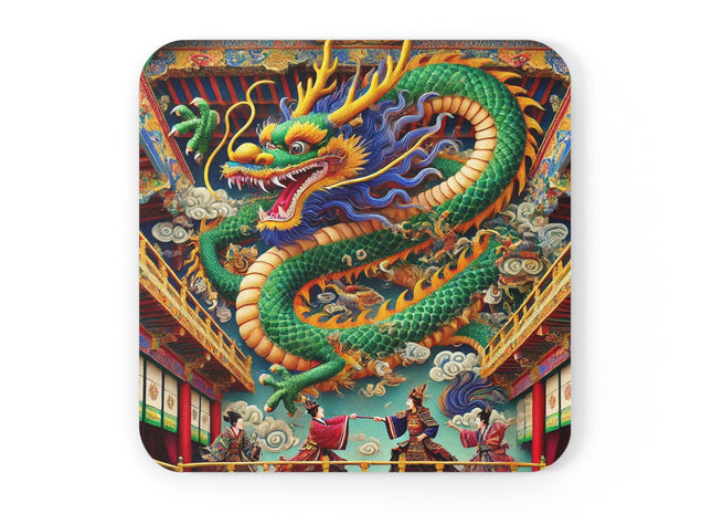 Tibetan Dragon Over Kabuki Duel Cork Back Coaster