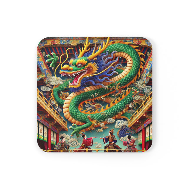 Tibetan Dragon Over Kabuki Duel Cork Back Coaster