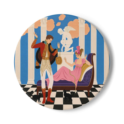 🐈🏛️ The Grand Salon Courtship Ceramic Coaster – Art Deco Neoclassical Romance