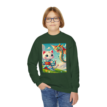 Geisha Kitten and the Dragon Kite Youth Crewneck Sweatshirt – Freedom, Motion & Playful Spirit