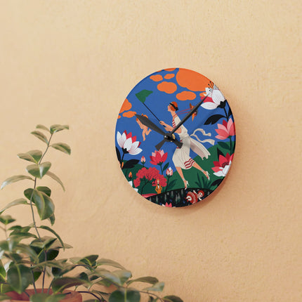 🌸🪽 The Lady Chasing Cupid Acrylic Wall Clock – Art Deco Garden Whimsy