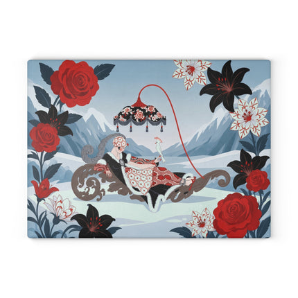 🌹❄️ The Lady Of The Winter Rose Sleigh Glass Cutting Board – Art Deco Alpine Elegance
