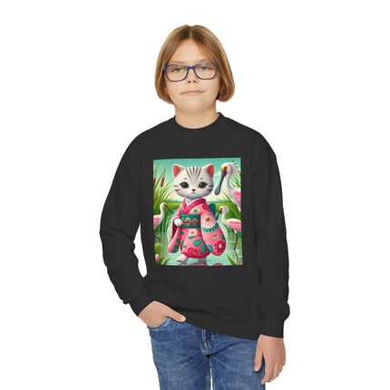 Geisha Kitten Strolls Among the Spoonbills Youth Crewneck Sweatshirt – Grace, Nature & Whimsical Elegance