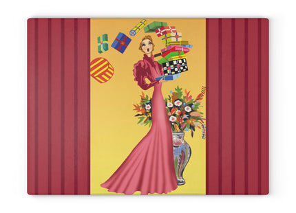 Elegant Holiday Woman with Gifts Glass Cutting Board
