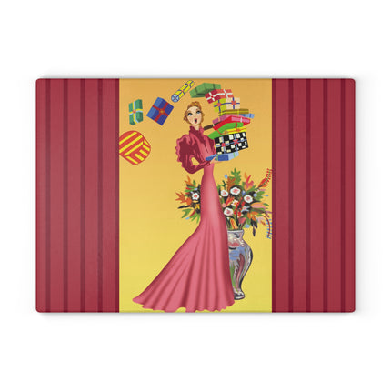 Elegant Holiday Woman with Gifts Glass Cutting Board