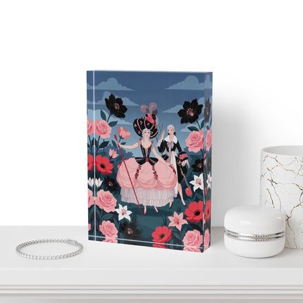 🌹🎀 The Lady Of The Grand Floral Masquerade Acrylic Art Block – Art Deco Fashion Whimsy
