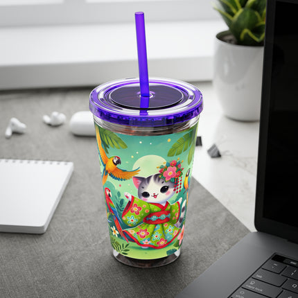 Parrot Dance of the Geisha Kitten Sunsplash Tumbler with Straw, 16oz
