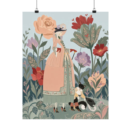 🌸🐈 The Lady And Puss In Boots Grand Floral Promenade Matte Vertical Poster – Art Deco Fashion Whimsy