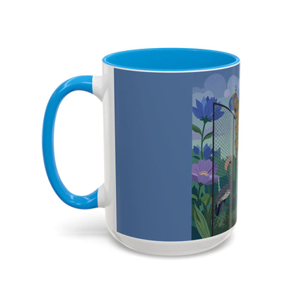The Lady And The Enchanted Heron Colorful Mugs – Art Deco Botanical Elegance