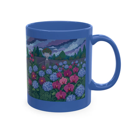 🦚🌸 The Lady & The Peacock On The Garden Steps Ceramic Mug – Art Deco Garden Elegance