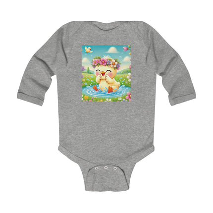 Springtime Splash Duckling Baby Long Sleeve Bodysuit – Whimsical Pond & Meadow Design