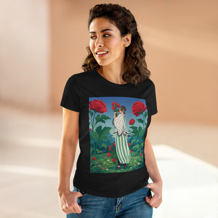 🌹🌿 The Scarlet Rose Garden Cotton Tee – Art Deco Floral Whimsy