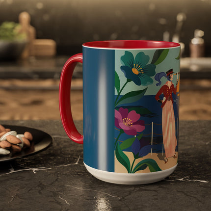 The Lady Of The Golden Horizon Colorful Mugs – Art Deco Coastal Elegance