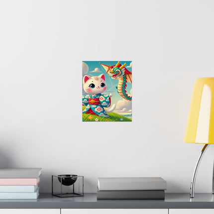 🪁🐉 Geisha Kitten and the Dragon Kite Matte Vertical Poster – Joyful Flight & Dragon Spirit