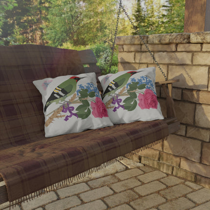 Woodpecker & Rose Outdoor Pillows – Vibrant Nature & Timeless Charm