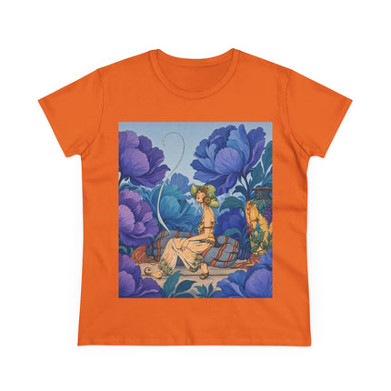 💙🌸 The Lady Among The Blue Blossoms Cotton Tee – Art Deco Floral Reverie