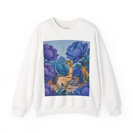 💙🌸 The Lady Among The Blue Blossoms Crewneck Sweatshirt – Art Deco Floral Reverie
