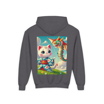 Geisha Kitten and the Dragon Kite Youth Hooded Sweatshirt – Bold Energy & Sky-High Adventure