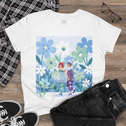 🌸🎭 The Little Dancers In The Flower Garden Cotton Tee – Art Deco Floral Whimsy