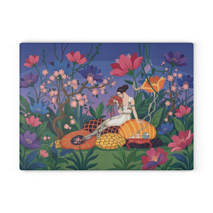 🌺🌙 The Lady Of The Midnight Blossom Garden Glass Cutting Board – Art Deco Floral Elegance