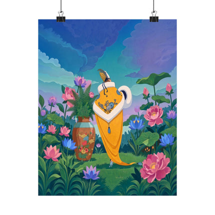 🪷✨ The Lady Of The Golden Lotus Stroll Matte Vertical Poster – Art Deco Floral Elegance