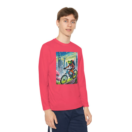 Cyberpunk Frog Youth Long Sleeve Competitor Tee – Neon Trails & Futuristic Adventure