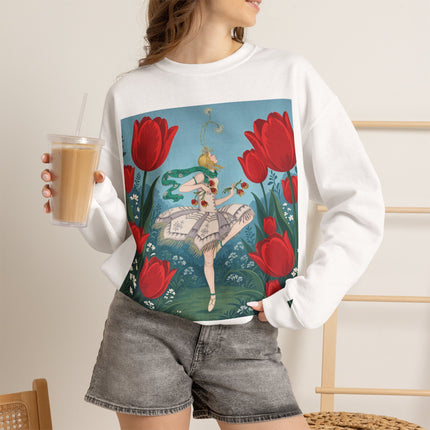 🌷🩰 The Scarlet Tulip Ballet Crewneck Sweatshirt – Art Deco Floral Whimsy