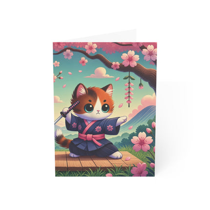 🐱🌸 The Cherry Blossom Samurai Kitten Greeting Card – Whimsical Warrior Charm