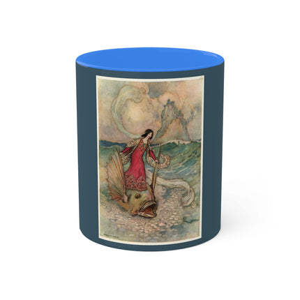 Rita Rides on the Dolphin by Warwick Goble Colorful Mugs, 11oz