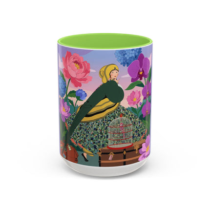 The Lady And The Crimson Birdcage Colorful Mugs – Art Deco Tropical Garden Elegance