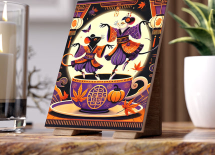 Theatrical Halloween Kabuki Mice on Teacup Ceramic Tile