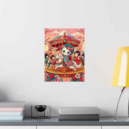 🎠🌸 Geisha Kitten's Enchanted Carousel Ride Matte Vertical Poster – Whimsical Dreams & Cherry Blossom Magic